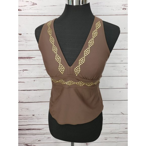 Contour By Beach Scene Brown Studded V-Neck Tankini Swimsuit‎ Top Size 8 - Picture 9 of 11